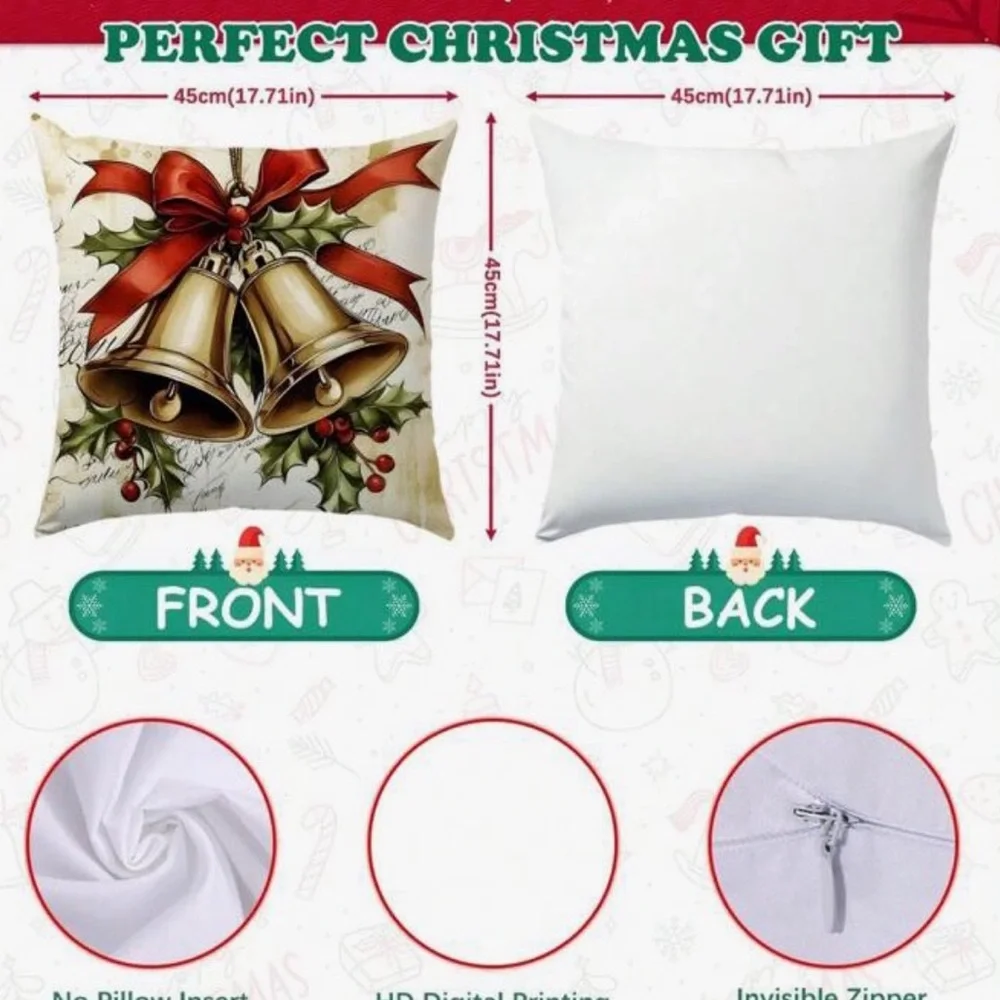 Christmas Bell Decorative Pillow Cover 4 pc new